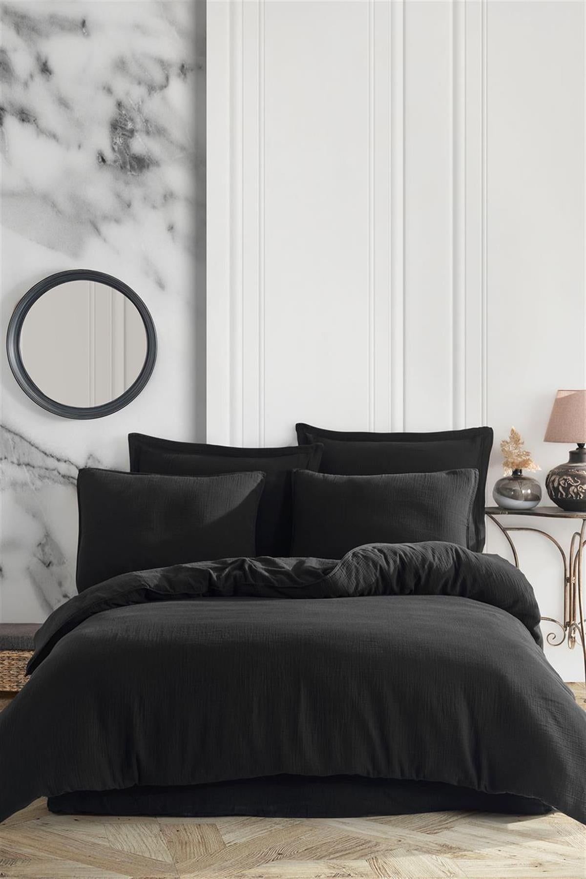 Alba Müslin Doppelbett-Bettwäsche-Set, schwarz