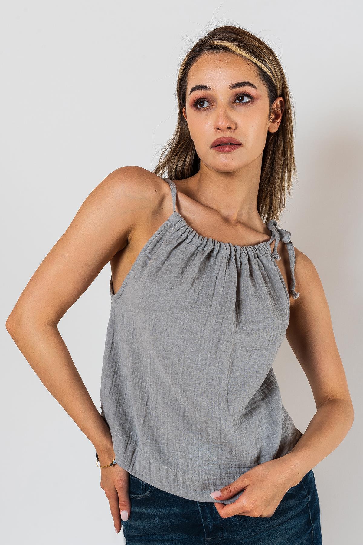 Kyra Müslin Bluse mit Schulterbändern, grau