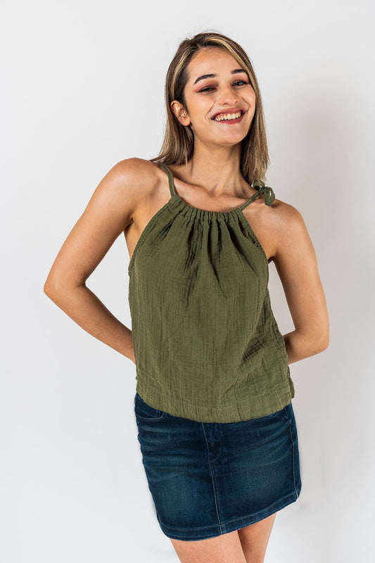 Kyra Müslin Bluse mit Schulterbändern, khaki