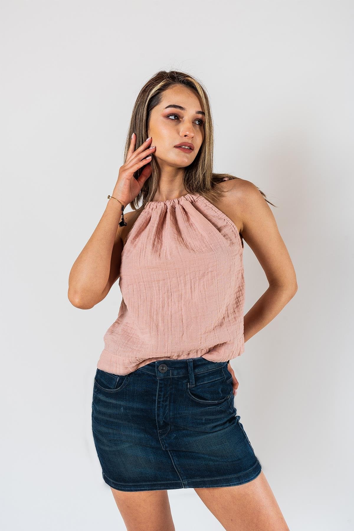 Kyra Müslin Bluse mit Schulterbändern, rosa