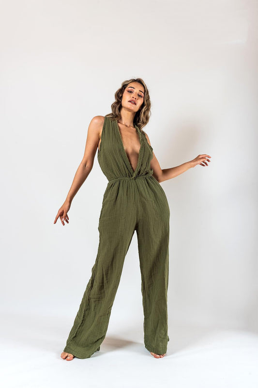 Kyra Müslin Jumpsuit mit Ausschnitt, khaki