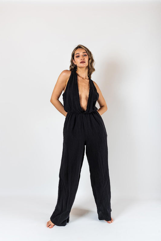 Kyra Müslin Jumpsuit mit Ausschnitt, schwarz