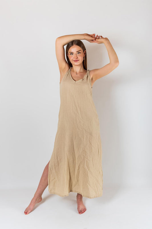 Kyra Müslin Kleid mit Schulterausschnitt, beige