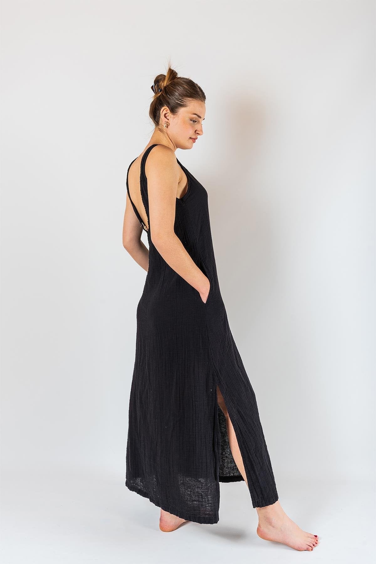 Kyra Müslin Kleid mit Schulterausschnitt, schwarz