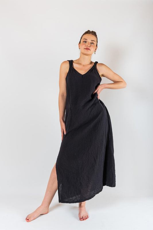Kyra Müslin Kleid mit Schulterausschnitt, schwarz