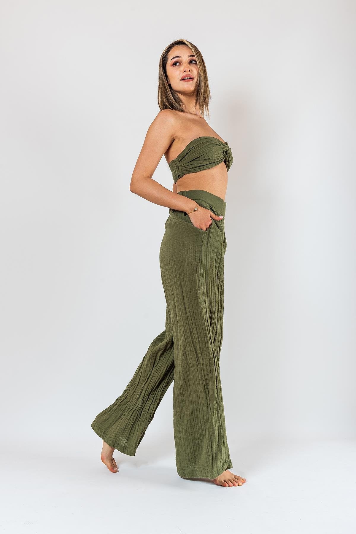 Kyra Musselin Damenhose Khaki