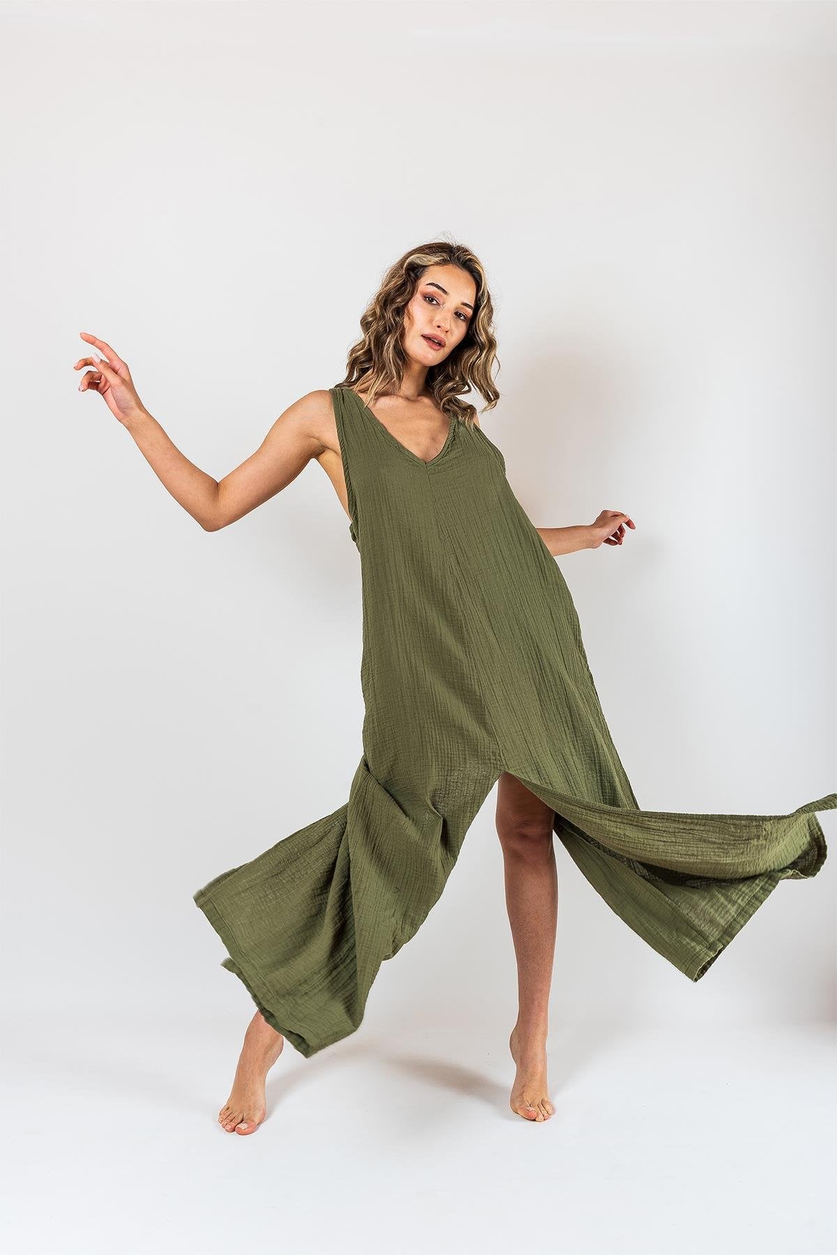 Kyra Muslin-Kleid mit Schlitz Khaki